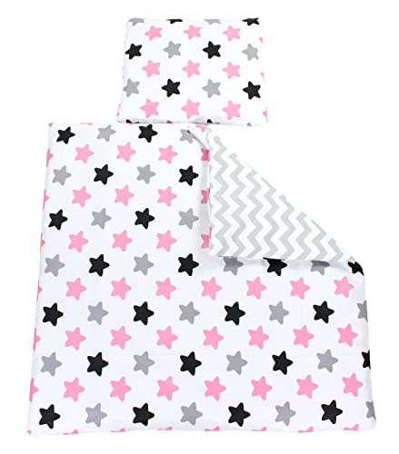 TupTam Unisex Baby Bettwäsche Bettdecke Kopfkissen mit Bezüge Wiegenset 4-teilig, Farbe: Zickzack Grau/Sterne Rosa, Größe: 80x80 cm von TupTam