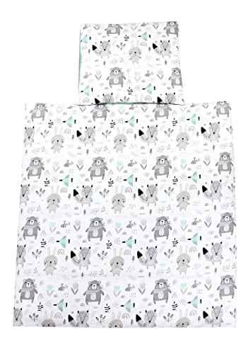 TupTam Unisex Baby Wiegenset 4-teilig Bettwäsche-Set: Bettdecke mit Bezug und Kopfkissen mit Bezug, Farbe: Bären/Füchse/Mint, Größe: 80x80 cm von TupTam