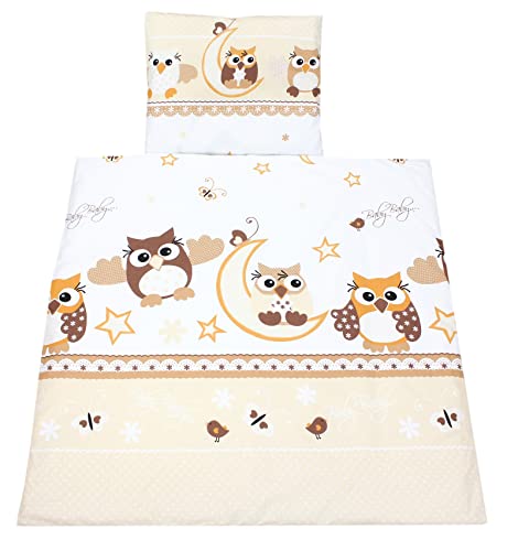 TupTam Unisex Baby Wiegenset 4-teilig Bettwäsche-Set: Bettdecke mit Bezug und Kopfkissen mit Bezug, Farbe: Eulen Beige, Größe: 80x80 cm von TupTam