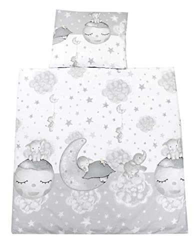 TupTam Unisex Baby Wiegenset 4-teilig Bettwäsche-Set: Bettdecke mit Bezug und Kopfkissen mit Bezug, Farbe: Mond mit Elefant/Grau, Größe: 80x80 cm von TupTam