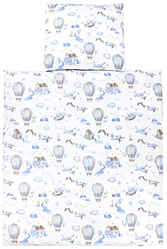 TupTam Unisex Baby Wiegenset 4-teilig Bettwäsche-Set: Bettdecke mit Bezug und Kopfkissen mit Bezug, Farbe: Heißluftballons Blau, Größe: 80x80 cm von TupTam