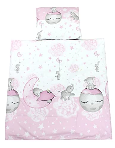 TupTam Unisex Baby Wiegenset 4-teilig Bettwäsche-Set: Bettdecke mit Bezug und Kopfkissen mit Bezug, Farbe: Mond mit Elefant/Rosa, Größe: 80x80 cm von TupTam