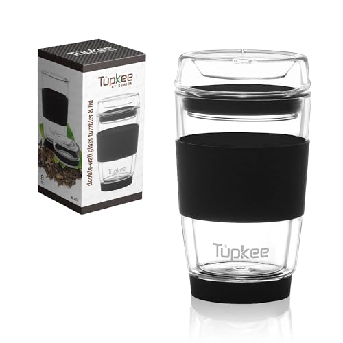 Tupkee Doppelwandiger Glasbecher – 237 ml, aus Glas, wiederverwendbar, isoliert, Tee-/Kaffeetasse mit Deckel, mundgeblasenes Glas, Reisebecher – Schwarz von Tupkee