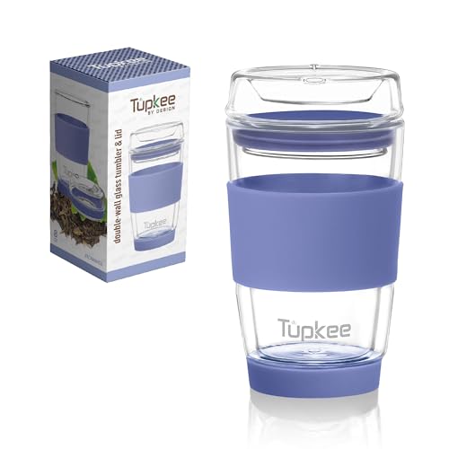 Tupkee Doppelwandiger Glasbecher – 237 ml, wiederverwendbar, isolierter Tee-/Kaffeebecher und Deckel, mundgeblasener Glas-Reisebecher – Jacaranda von Tupkee