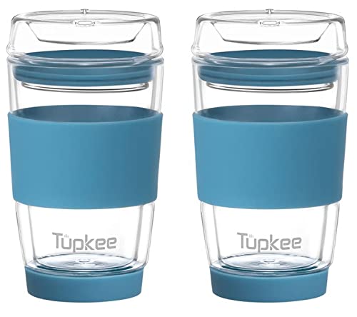 Tupkee Doppelwandiger Glasbecher – 237 ml, wiederverwendbarer, isolierter Tee-/Kaffeebecher und Deckel, handgeblasenes Glas, Reisebecher – Niagara – 2 Stück von Tupkee