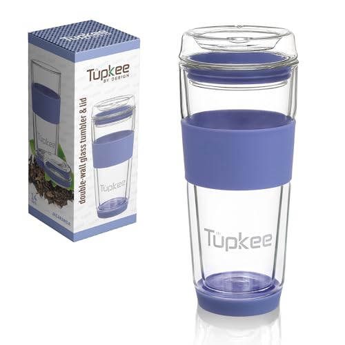 Tupkee Doppelwandiger Glasbecher – 400 ml, wiederverwendbarer, isolierter Tee-/Kaffeebecher und Deckel, handgeblasenes Glas, Reisebecher – Jacaranda von Tupkee