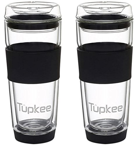 Tupkee Doppelwandiger Glasbecher – 400 ml, wiederverwendbarer, isolierter Tee-/Kaffeebecher und Deckel, mundgeblasenes Glas, Reisebecher – Schwarz von Tupkee