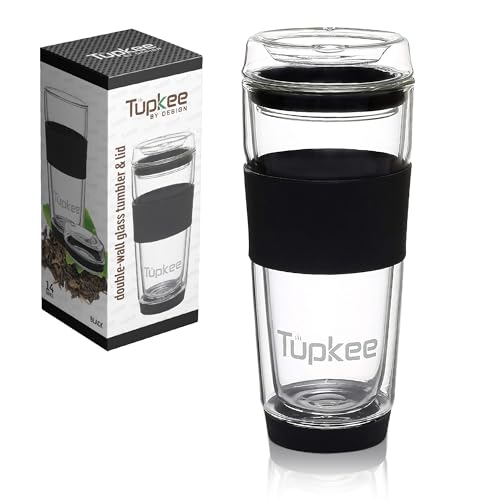 Tupkee Doppelwandiger Glasbecher – 400 ml, wiederverwendbarer, isolierter Tee-/Kaffeebecher und Deckel, mundgeblasenes Glas, Reisebecher – Schwarz Tupkee Doppelwandiger Glasbecher – 400 ml, wiederverwendbarer, isolierter Tee-/Kaffeebecher und Deckel, mundgeblasenes Glas, Reisebecher – Schwarz von Tupkee