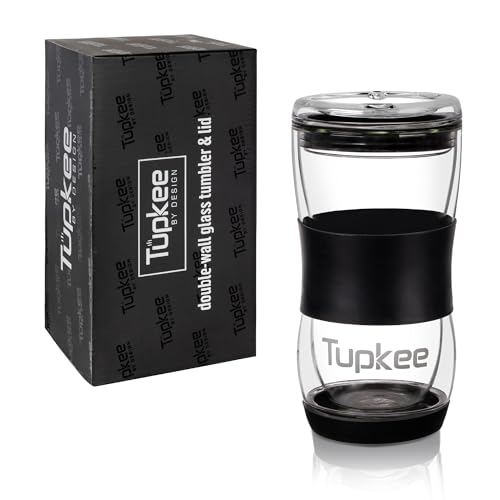 Tupkee Doppelwandiger Glasbecher mit Deckel, wiederverwendbar, isoliert, mundgeblasenes Glas, für Kaffee, Tee, Boba, Eiskaffee und Smoothie-Tasse To Go – Schwarz von Tupkee