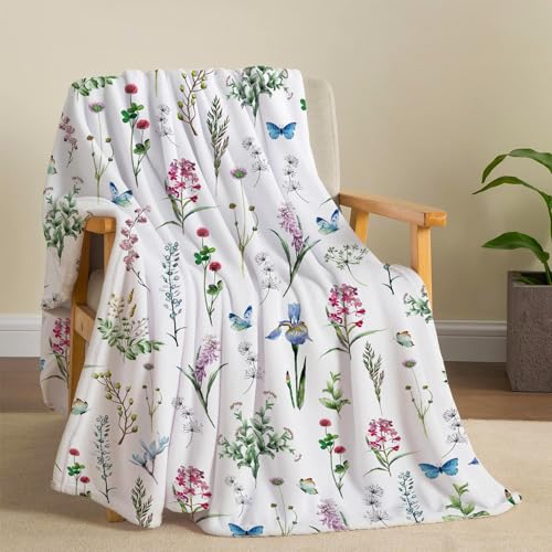 Tupmnbry Wildblumen-Überwurfdecke, botanisches Blumenmuster, superweiche Flanell-Überwurfdecke, leicht, flauschig, flauschig, flauschig, flauschig, für Bettwäsche, Sofa und Reisen, 127 x 152 cm von Tupmnbry