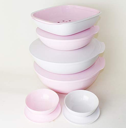 TUPPERWARE Allegra Servierschüssel 5L Rosa/Glitzer + 3,5L Weiß/Glitzer + 1,5L Rosa/Glitzer + 1,33L Siebservierer Rosa/Weiß/Glitzer+ 2x 275ml Rosa + Weiß/Glitzer + Prinzessin Trinkbecher 330ml von Tupperware