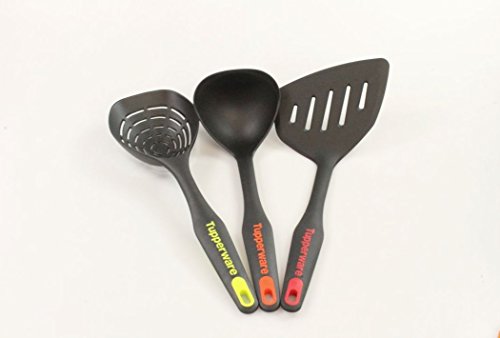 Tupperware Löffel, 3-teilig, Silikon, Mehrfarbiges Set, Vielfalt der Formen, Griffbereit Schaumlöffel gelb, Schöpflöffel orange, Pfannenwender rot von Tupperware