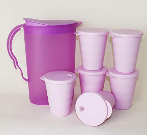 TUPPERWARE Junge Welle Trinkhalmbecher 330ml 6x Rosa + 1x 2L Kanne Flieder + Aloha Weinrot TUPPERWARE Junge Welle Trinkhalmbecher 330ml 6x Rosa + 1x 2L Kanne Flieder + Aloha Weinrot von Tupperware
