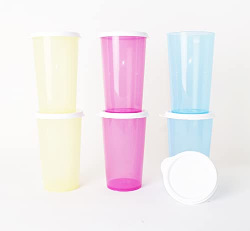 Tupperware 6x Trinkbecher 330ml in je 2x Gelb, Rosa und Hellbau Becher + Hängelöffel Lila von Tupperware