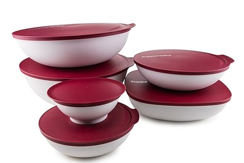 Tupperware Allegra Schüssel Set Dunkelrot 5,0 L + 3,5 L + 2,5 L (eckig) + 1,5 L + 740 ml + 275 ml Servierschüssel (inkl. EcoEasy 750 ml Gold) von Tupperware