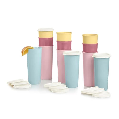 Tupperware Becher-Set, 12 Stück, spülmaschinenfest und BPA-frei (12 Trinkgläser, 12 Deckel, je 473 ml) von Tupperware