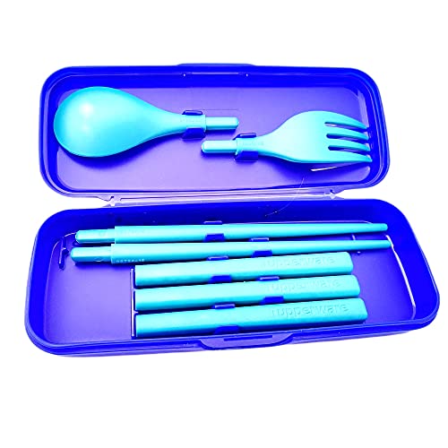 Tupperware Besteck Set (8) mit Essstäbchen + Gabel + Löffel, Picknick Set zum Mitnehmen in Box Besonderheit türkis von Tupperware