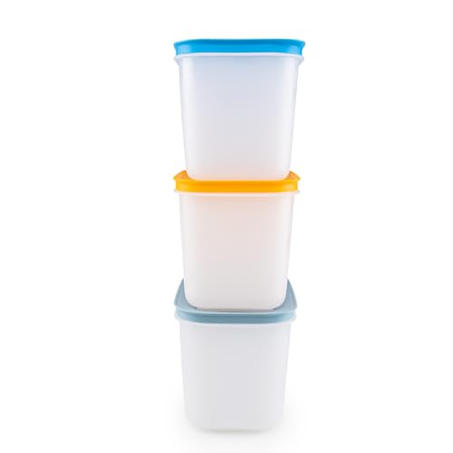 Tupperware Gefrier-Behälter Eis-Kristall Eiskristall Set (3) 1x 1,1 L weiß-orange hoch + 1x 1,1 L weiß-rauchblau hoch + 1x 1,1 L weiß-blau (inkl. Trichter) von Tupperware