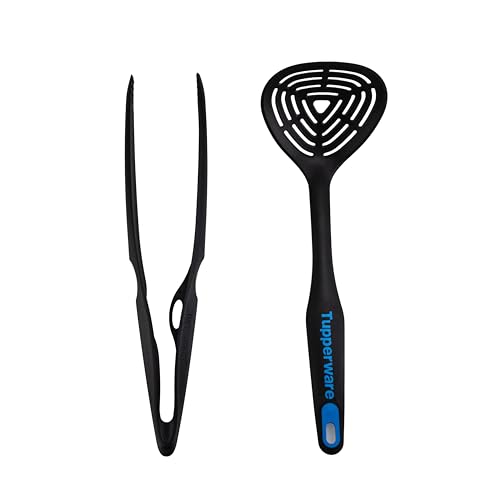 Tupperware Griffbereit Küchenhelfer Grillzange (p) schwarz + Griffbereit Schaumlöffel blau küchenzubehör Küchenzange Servierzange (inkl. Katzen Magnet) von Tupperware