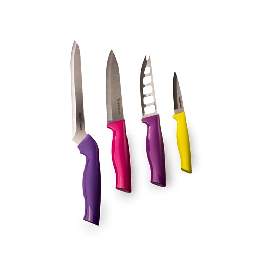 Tupperware Messer Set Essential-Serie (4) Brotmesser Violett + Küchenmesser Pink + Käsemesser Lila + Gemüsemesser Gelb (inkl. Eidgenossen Plus 350 ml) von Tupperware