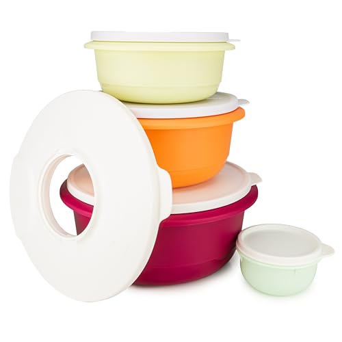 Tupperware Peng Pro Schüssel bordeaux 3,5 L & Spritzschutzdeckel weiß + orange 2,0 L + grün-gelb 1,0 L Rührschüssel Servierschüssel Salatschüssel (inkl. Mini Peng 200 ml) von Tupperware