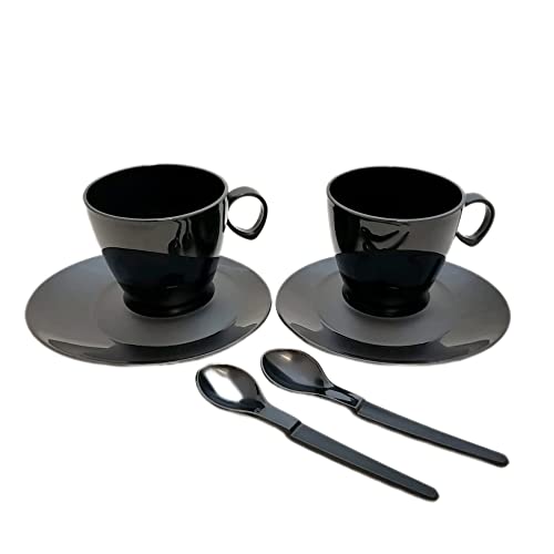 Tupperware SET (6) 2x Kaffetasse Exclusiv 180 ml + 2x Untertasse + 2x Löffel Kaffelöffel Hängelöffel schwarz Tasse Thermo Tup Becher mit Henkel Kaffe Tee von Tupperware