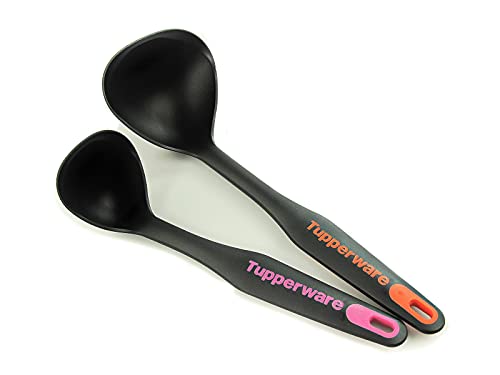 Tupperware 2-teilig: Griffbereit Schöpflöffel orange/schwarz (170 ml, 28,8 cm) & kleine Schöpfkelle schwarz/rosa (45 ml, 23,5 cm) - BPA-frei, Spülmaschinengeeignet, Kunststoff von Tupperware