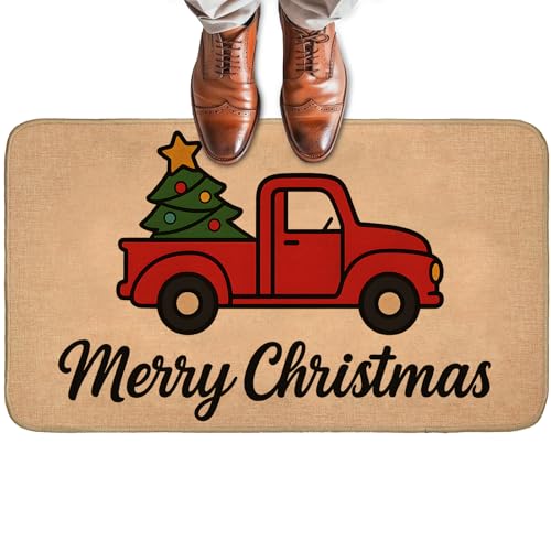 Turamurra Frohe Weihnachten rote LKW-Fußmatte für Haustür im Innen- und Außenbereich, rutschfeste Willkommensmatte mit Bauernhaus-Urlaub, Eingangsteppich für Veranda, Zuhause, Büro, Wohnzimmer von Turamurra