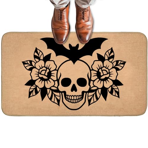 Turamurra Fußmatte mit Gothic-Totenkopf-Motiv, rutschfeste Willkommensmatte mit Blumen und Fledermaus, Eingangsteppich für Veranda, Zuhause, Büro, Wohnzimmer, Badezimmer, Dekoration, 75 x 43 cm Turamurra Fußmatte mit Gothic-Totenkopf-Motiv, rutschfeste Willkommensmatte mit Blumen und Fledermaus, Eingangsteppich für Veranda, Zuhause, Büro, Wohnzimmer, Badezimmer, Dekoration, 75 x 43 cm von Turamurra