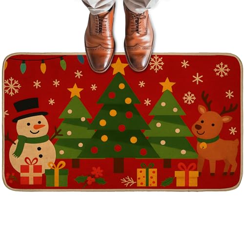 Turamurra Weihnachtliche Fußmatte für Haustür im Innen- und Außenbereich, rutschfeste Willkommensmatte mit Schneemann, Rentier und Baum-Design, Eingangsteppich für Veranda, Zuhause, Büro, Wohnzimmer von Turamurra
