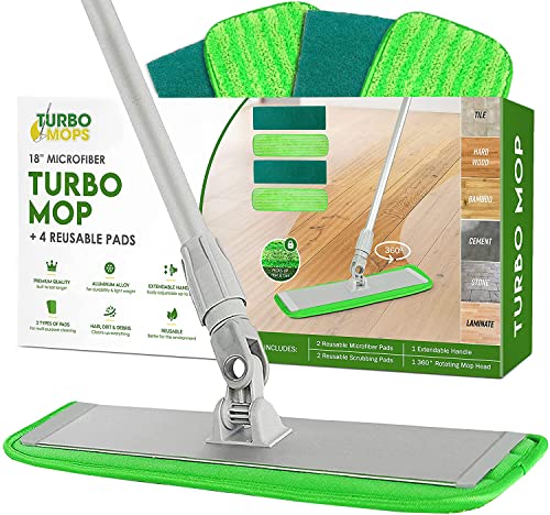 Turbo Microfiber Bodenwischer Set - Wischmopp mit 4 Mikrofaser Wisch Pads für Parkett, Laminat, Fliesen - 89-152cm Teleskopstiel mit 360 Grad Drehgelenk - Feucht- und Staubwischer zum Boden wischen von Turbo Microfiber
