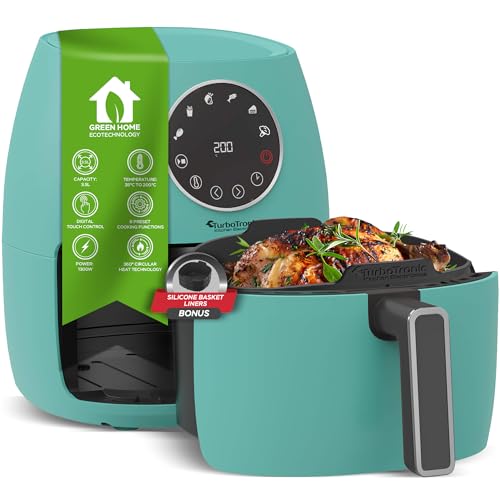 Heißluftfritteuse 3,5L NEU mit Silikoneinlage Airfyer für 0,3 kg Pommes Power 75-200°C 1300 W, 6 Programme Heissluftfritteuse Easy Air Fryer Braten Rösten (türkis) von TurboTronic By Z-LINE
