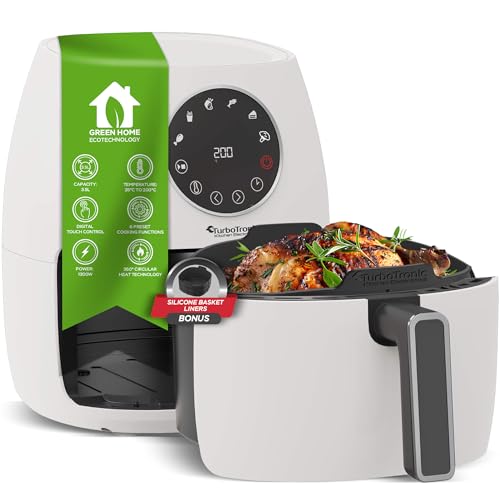 Heißluftfritteuse 3,5L NEU mit Silikoneinlage Airfyer für 0,3 kg Pommes Power 75-200°C 1300 W, 6 Programme Heissluftfritteuse Easy Air Fryer Braten Rösten (weiß) von TurboTronic By Z-LINE