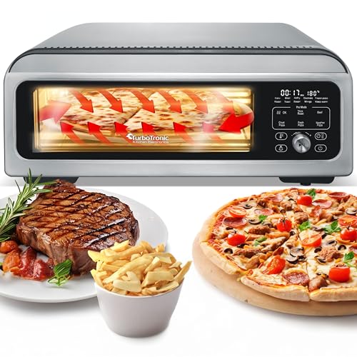 Pizzaofen bis 400 Grad mit Steinofen und Gusseisen-Platte Indoor/Outdoor Elektrisch Garten für Zuhause Pizza Back Ofen Tisch Stein Flammkuchenen mobiler (Silber) von TurboTronic By Z-LINE