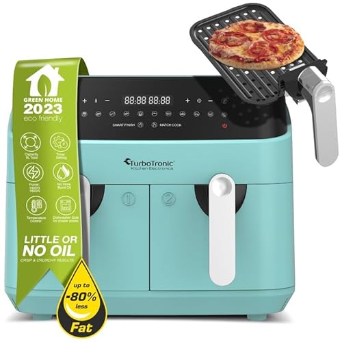 TurboTronic Doppel Heißluftfritteuse XXL, digitale Heißluft-Fritteuse, 9L (2x 4,5L Doppelkammer), 12 Programme, Airfryer, Fritteuse ohne Fett (türkis) von TurboTronic By Z-LINE