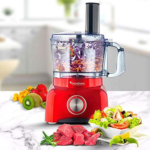 TurboTronic Food Processor 1,2L schwarz, rot, Küchenmaschine mit Mixaufsatz, Raspelscheiben, Zitruspressenaufsatz von TurboTronic By Z-LINE