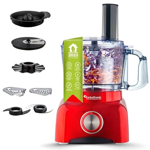 TurboTronic Food Processor 1,2L schwarz, rot, Küchenmaschine mit Mixaufsatz, Raspelscheiben, Zitruspressenaufsatz von TurboTronic By Z-LINE