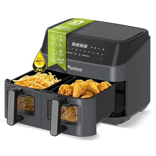 TurboTronic Heißluftfritteuse XXL doppel Airfryer 1600W / 9L (2x 4,5L Kammer) 10 Programme digitale Heißluft Fritteuse ohne Fett Öl Dual Luftfritteuse Air Friteuse Power Gray von TurboTronic By Z-LINE