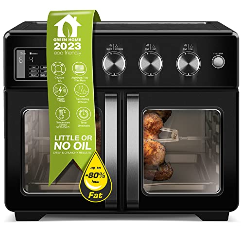 TurboTronic Mini Backofen - 4in1 Heißluftofen und Heißluftfritteuse XXL Version 32L inkl. Drehspieß & viel Zubehör, Dörrgerät ab 25°C & Grill, Airfryer, kleine Mini Tisch Back Pizzaofen (schwarz) von TurboTronic By Z-LINE