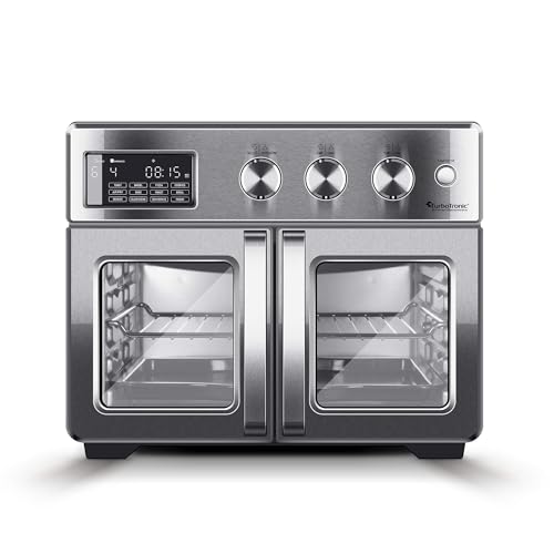 TurboTronic Mini Backofen - 4in1 Heißluftofen und Heißluftfritteuse XXL Version 32L inkl. Drehspieß & viel Zubehör, Dörrgerät ab 25°C & Grill, Airfryer, kleine Mini Tisch Back Pizzaofen (silber) von TurboTronic By Z-LINE