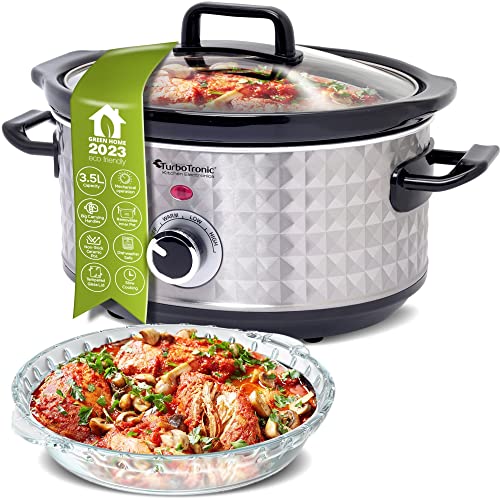 TurboTronic Slowcooker 3,5 Liter Schongarer mit Anbratfunktion & Warmhaltefunktion Langsamkocher Dampfgarer Schmortopf Gartopf Sous Vide Garer Retro Vintage Design Slow Cooker mit retro Rautenmuster von TurboTronic By Z-LINE