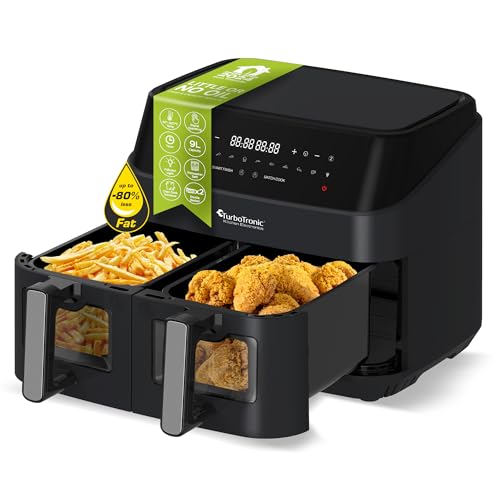 TurboTronic Heißluftfritteuse XXL doppel Airfryer 1600W / 9L (2x 4,5L Kammer) 10 Programme digitale Heißluft Fritteuse ohne Fett Öl Dual Luftfritteuse Air Friteuse Power Black von TurboTronic By Z-LINE