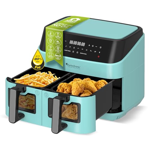 TurboTronic Heißluftfritteuse XXL doppel Airfryer 1600W / 9L (2x 4,5L Kammer) 10 Programme digitale Heißluft Fritteuse ohne Fett Öl Dual Luftfritteuse Air Friteuse Power Turquoise von TurboTronic By Z-LINE