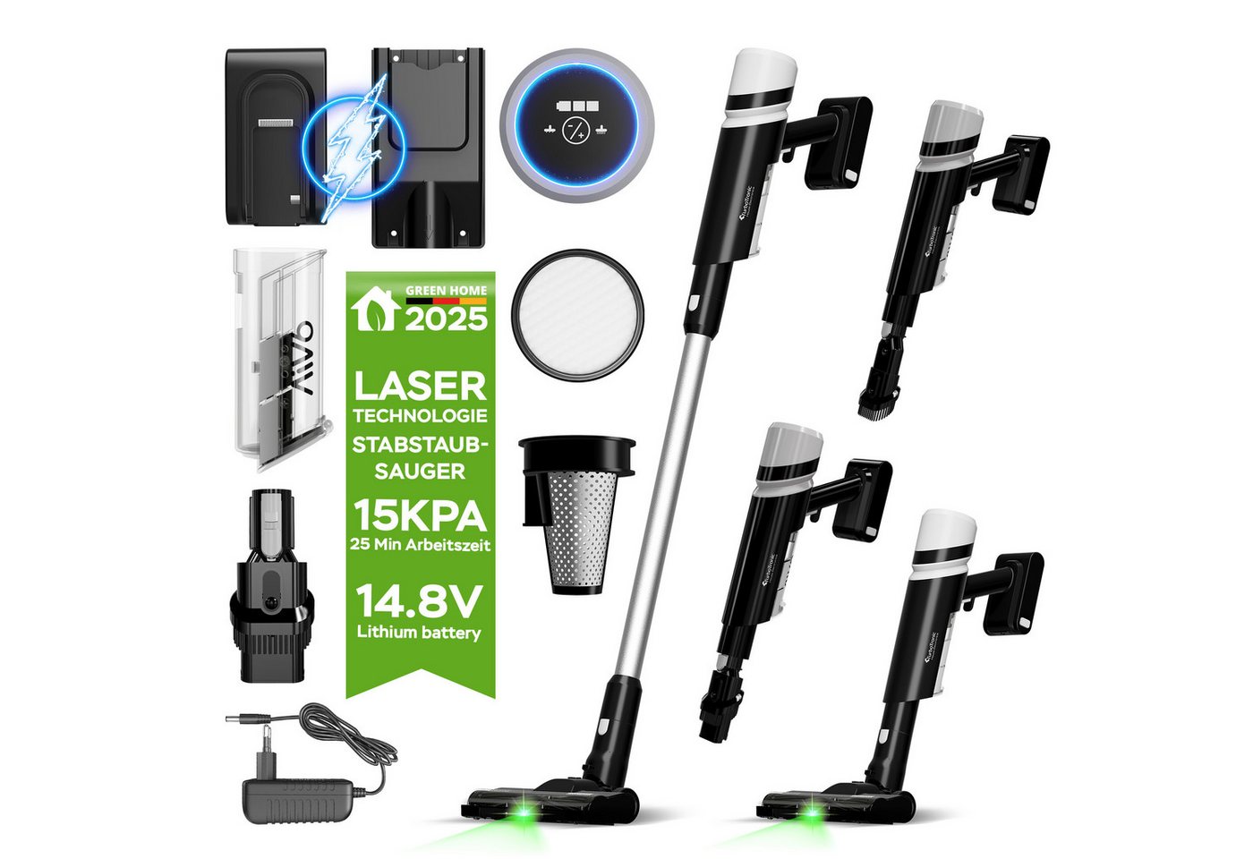 TurboTronic by Z-Line Akku-Hand-und Stielstaubsauger 15 kPa mit grünem Laserlicht kabellos 120W beutellos, 120 W, beutellos, 2in1 Handstaubsauger für Boden Teppich Möbel mit Zubehör Wandhalterung von TurboTronic by Z-Line