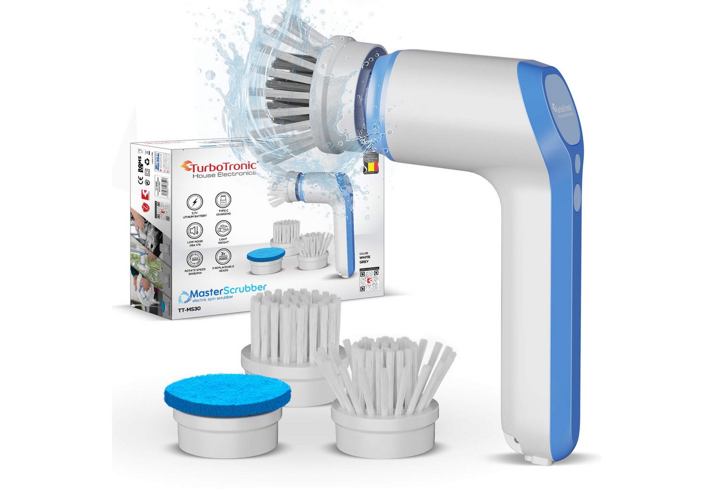 TurboTronic by Z-Line Akku-Oberflächenbürste TT-MS30, Akku-Reinigungsschrubber 3 Bürstenaufsätzen von TurboTronic by Z-Line