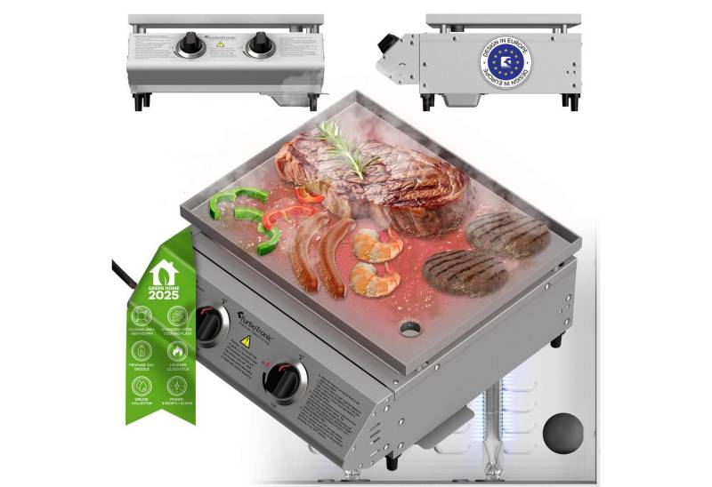 TurboTronic by Z-Line Gasgrill 61 cm Edelstahl Grillplatte 2x3,15 kW Brenner für perfekte Smashburger, 6,3kW (22.000 BTU), Piezo-Zündung, 46 × 40 cm Grillfläche, XL Profi Plancha Turbofunktion Camping BBQ Grill Gasgriddle Teppanyaki von TurboTronic by Z-Line