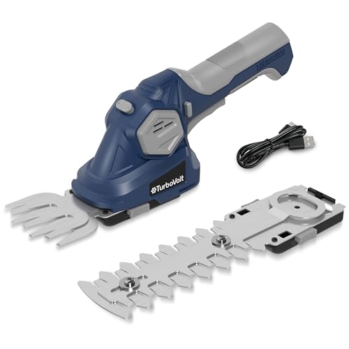 TurboVolt Akku-Gras- und Strauchschere, handliche Heckenschere, 4 V, 2000 mA/h, 2 Verschiedene Klingen, Schnittbreite 7,5 cm, Schnittlänge 12 cm, mit Akku und Ladegerät von TurboVolt