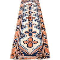 Moderner Oushak Teppich, Handgeknüpfter Läuferteppich, Vintage Nomadenteppich Orange Und Marineblau, 8'4x2'5 Ft, Küchendekoration Dekorativer von TurkishArtBazaar