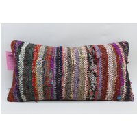 Boho Kelim Kissen Lendenkissen 10x20 Handgemachte Wollkissen Dekokissen Türkis Gestreift Kissenbezug No 1683 von TurkishRugOutlet