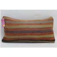 Dekorativer Kelim Kissenbezug Gestreiftes Kissen Handgemachtes Wollkissen Bodenkissen Natürliches 10x20 Code No 1479 von TurkishRugOutlet